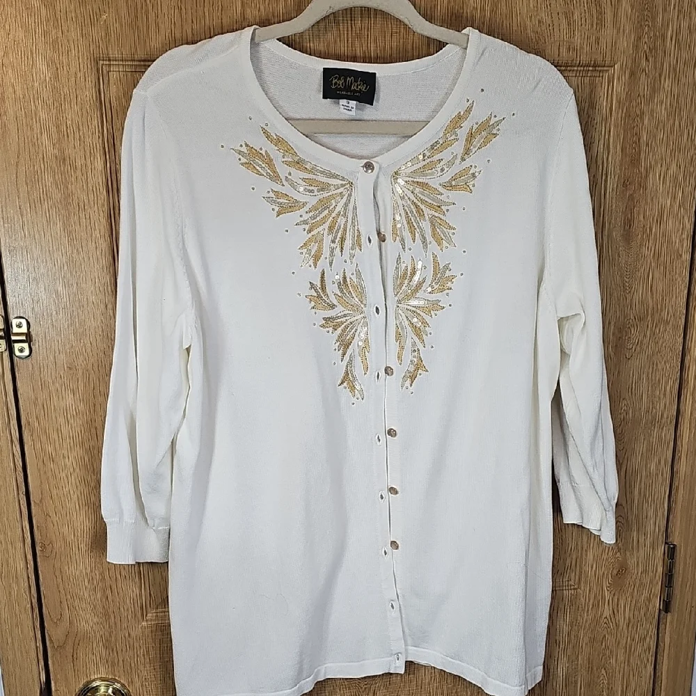 Bob Mackie Cream and Gold Embellished Cardigan - Picture 1 of 10
